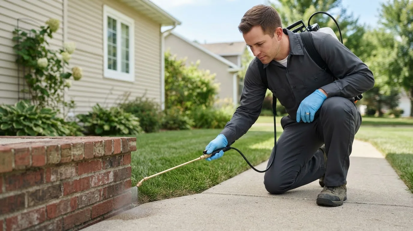 Pest control technician treating a home near Attleboro, MA